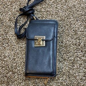 Black Leather Phone Wallet with Gold Accents